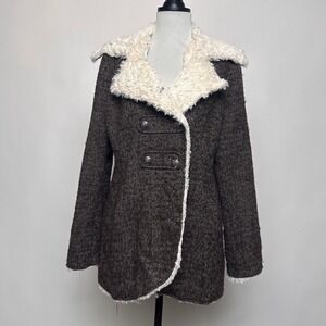 Y2K Forever 21 Brown Herringbone Double Breasted Faux Fur Trim Coat Womens Large